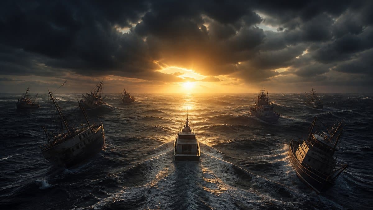 Storm boats listing while one vessel steams toward a break of golden light.