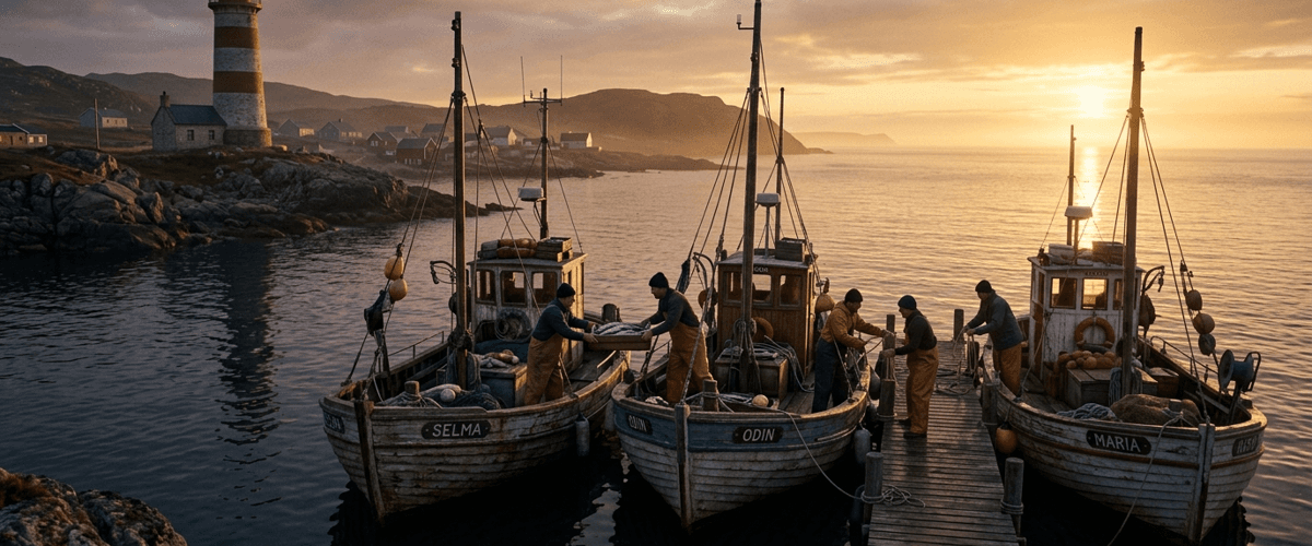 Fishing crews at a harbor at golden hour passing crates and lines between three moored boats, with a lit lighthouse on the point: a complete community of a peer room, a Partner Circle, and a system.