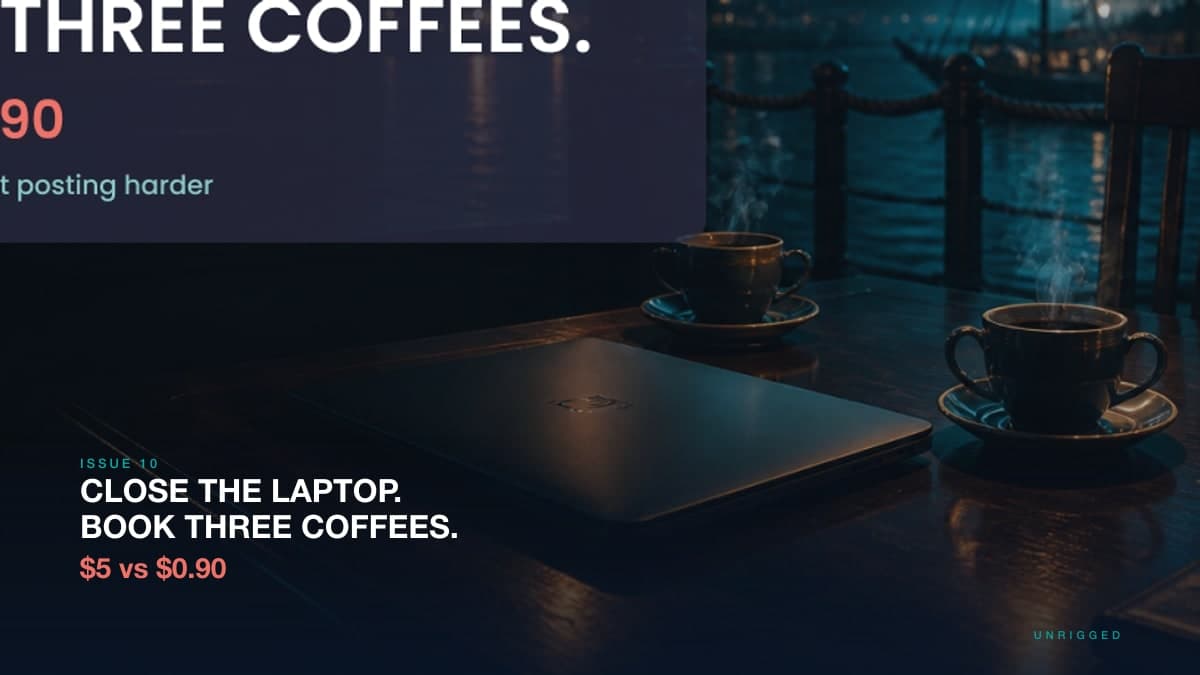 UNRIGGED cinematic hero: harbor-deck café at night, closed laptop and steaming coffees, lower-third headline Close the laptop. Book three coffees. and coral line $5 vs $0.90.