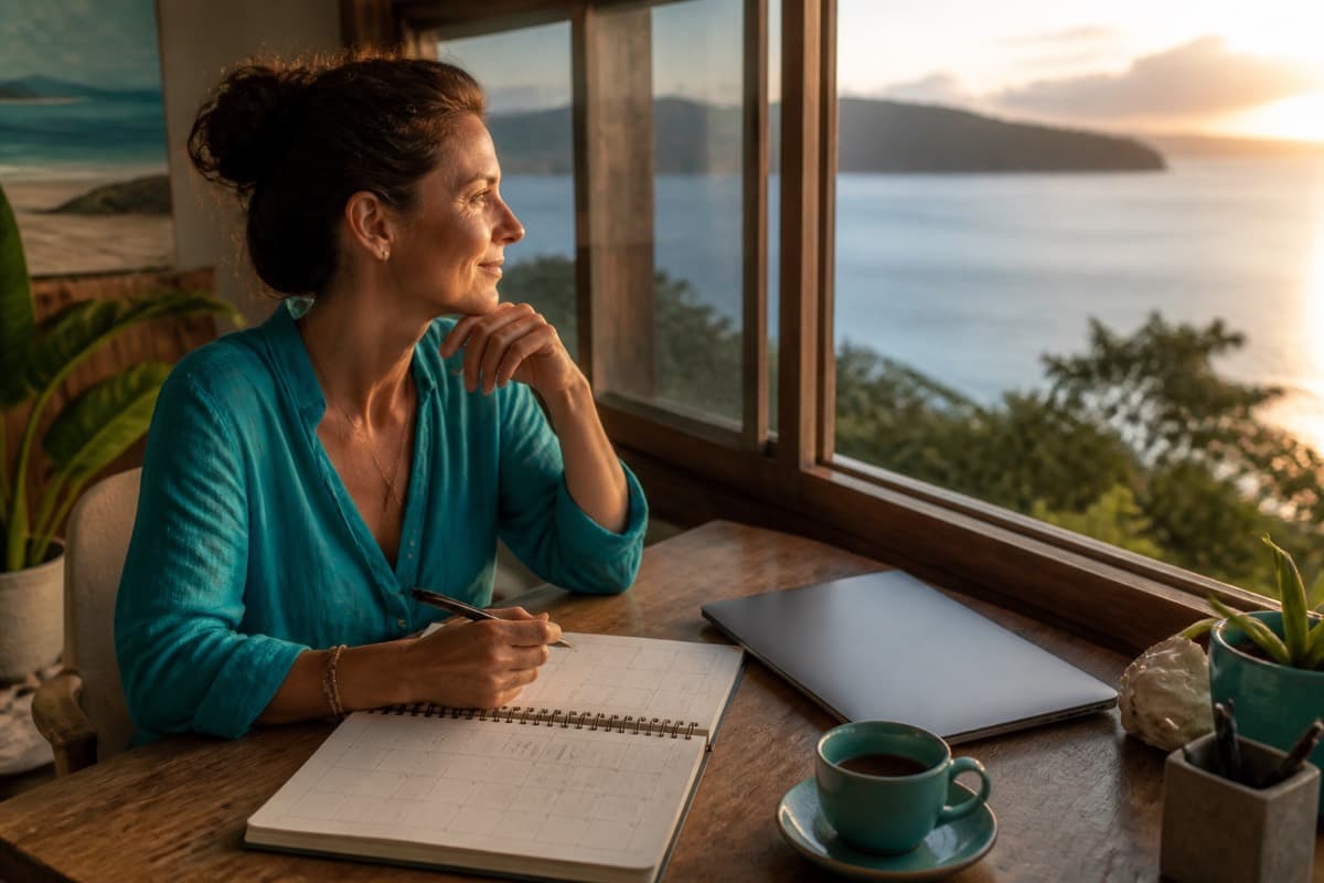 Operator at a desk by the water with a weekly calendar open, running a calm practice rhythm.