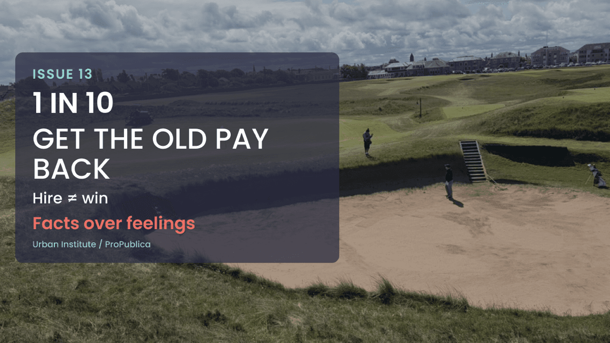 Issue 13 graphic on a links bunker: 1 in 10 get the old pay back. Hire is not the same as a win. Facts over feelings. Urban Institute and ProPublica.