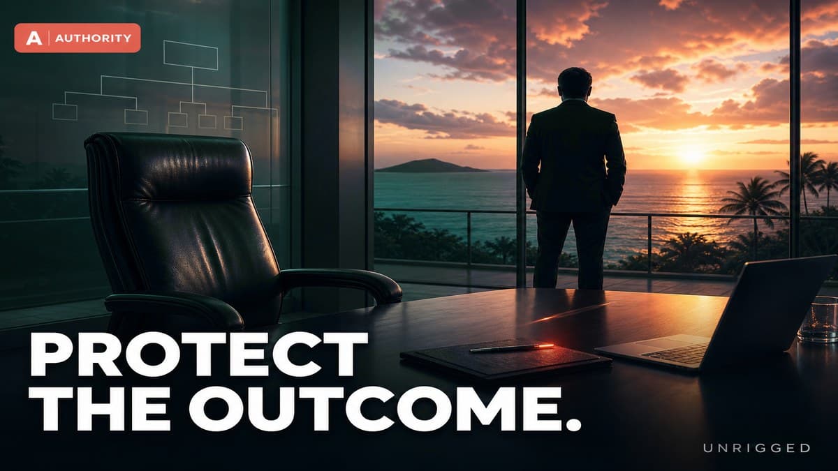 Cinematic Authority card: empty executive seat in shadow, owner facing the horizon. Protect the Outcome.