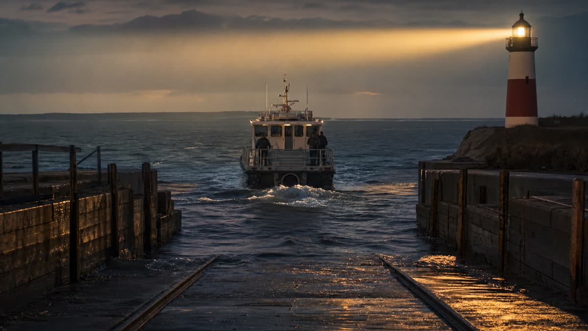 A vessel under way past a lighthouse beam after leaving the launch slip - launch finished, practice run ahead.