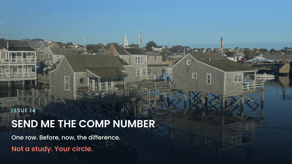 Issue 14 graphic on Nantucket harbor at golden hour: bring the number. Before, after, all in. No number, no proof.