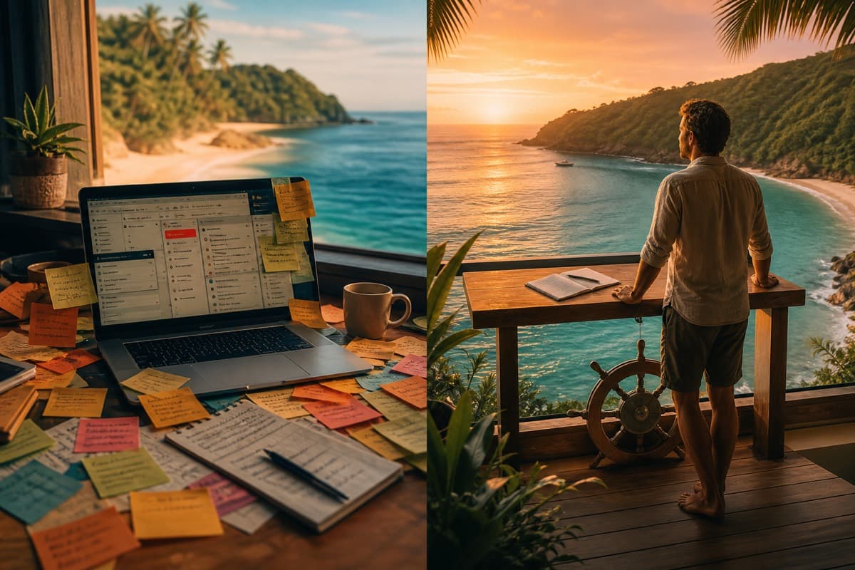 Split scene of scattered project notes versus a focused operator notebook overlooking the coast.