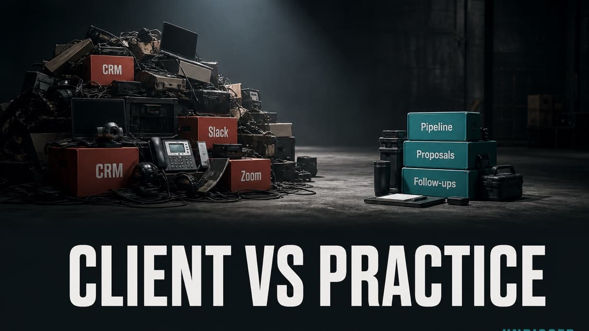UNRIGGED cinematic hero: shiny client tools piled on the left, practice pipeline tools stacked on the right, headline CLIENT VS PRACTICE.
