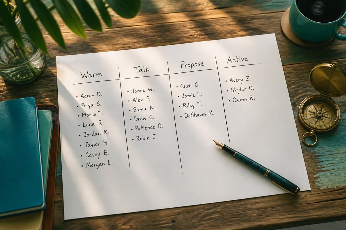 Simple paper pipeline board with warm, talk, propose, and active columns on a desk.