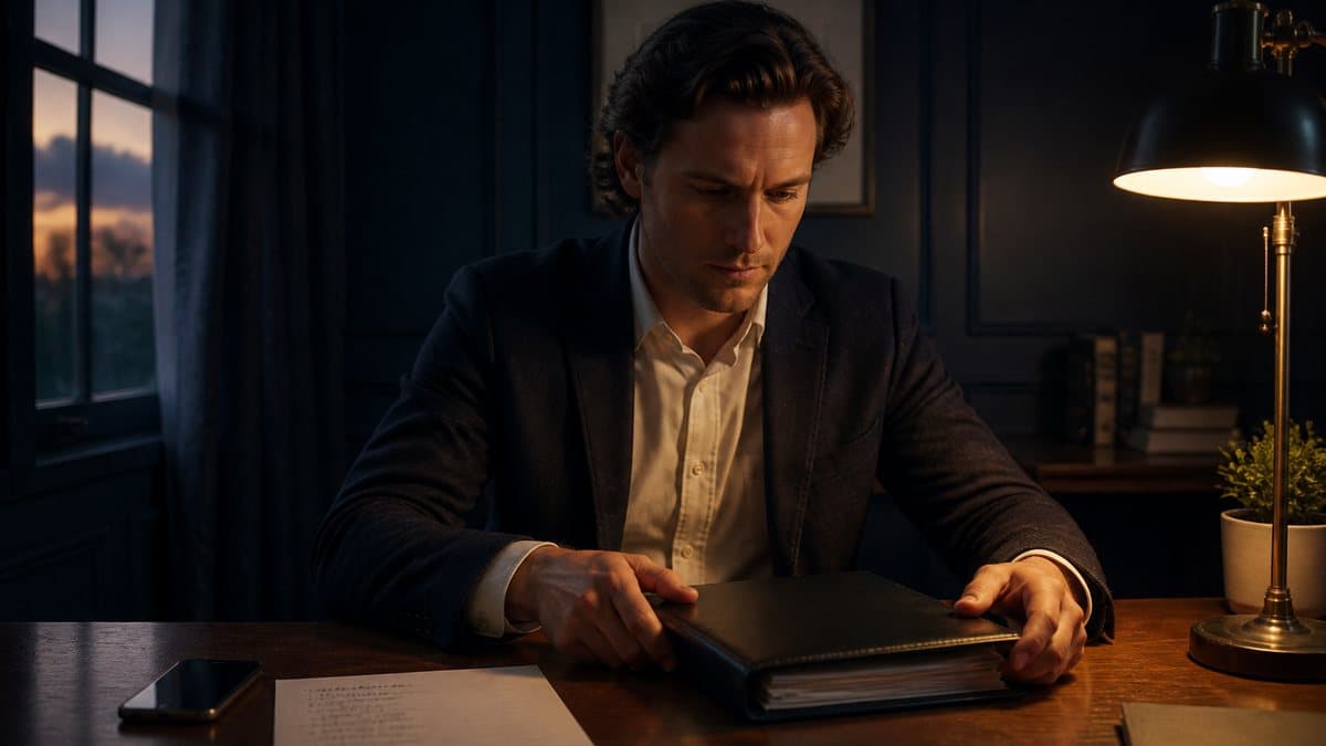 Operator closing a client binder beside a warm handwritten list of people who could send work.