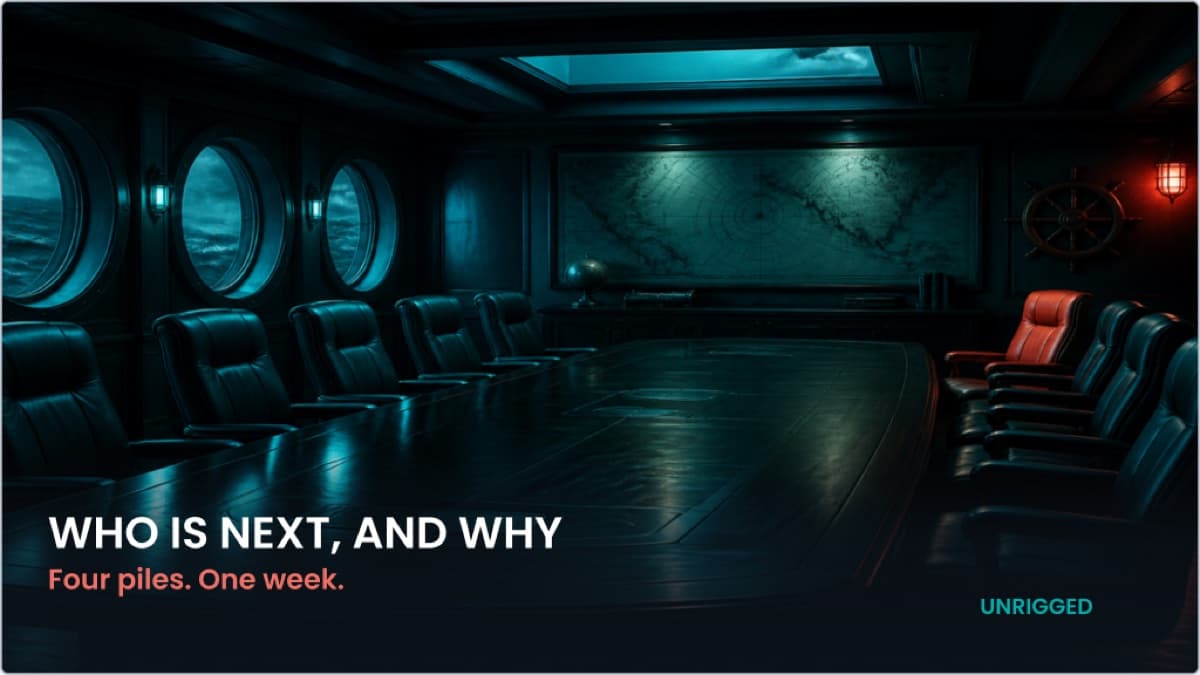 UNRIGGED cinematic hero: empty command-room chairs at night, lower-third headline WHO IS NEXT, AND WHY and coral line Four piles. One week.