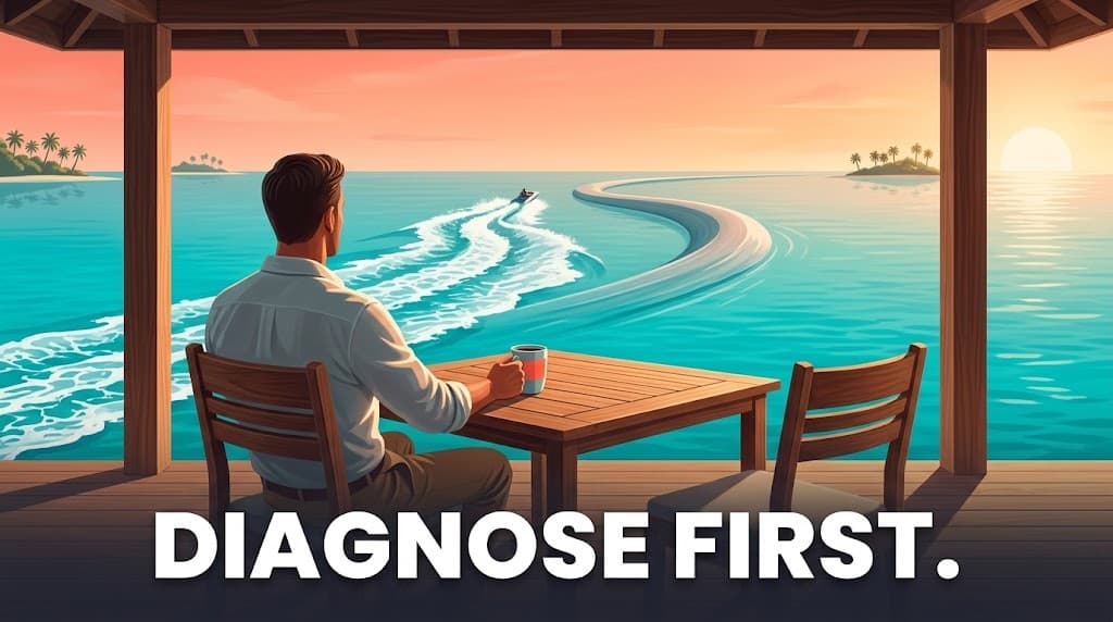 A fractional executive sitting calmly at a waterside table watching a boat curve across the bay, with the words Diagnose First.