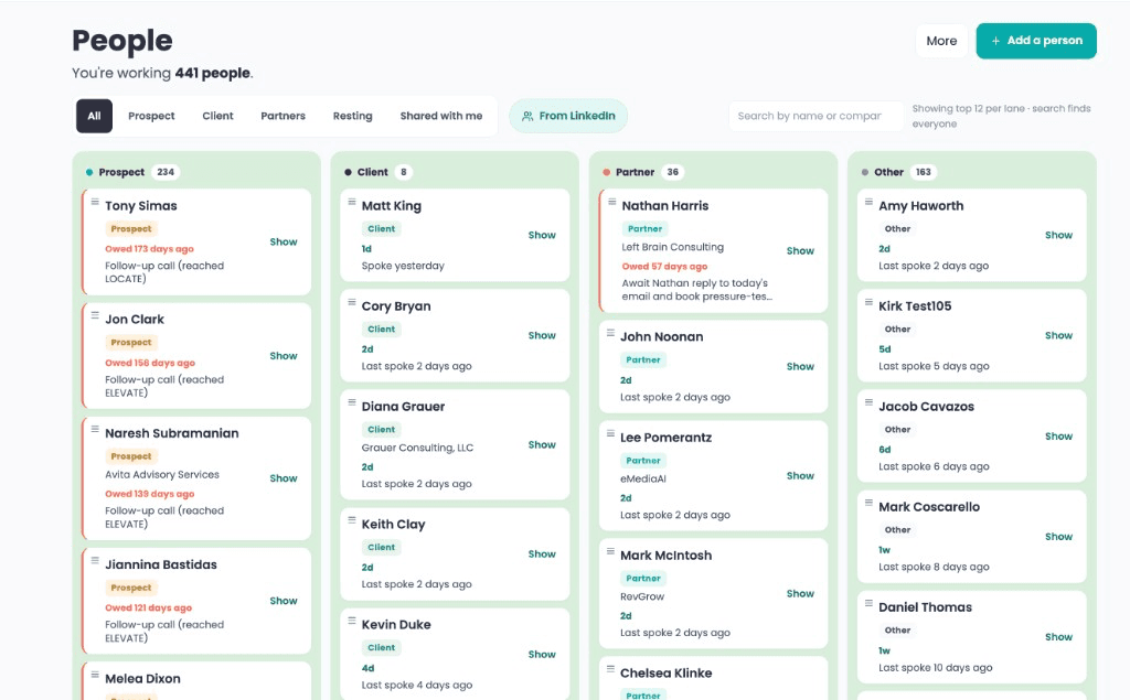 The Helm People board: three playbooks, plus people who should be in your book from the tools you connected.