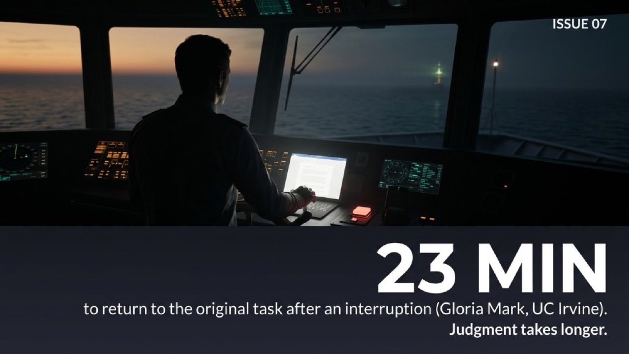 Issue 07: 23 MIN to return to the original task after an interruption (Gloria Mark, UC Irvine). Judgment takes longer.