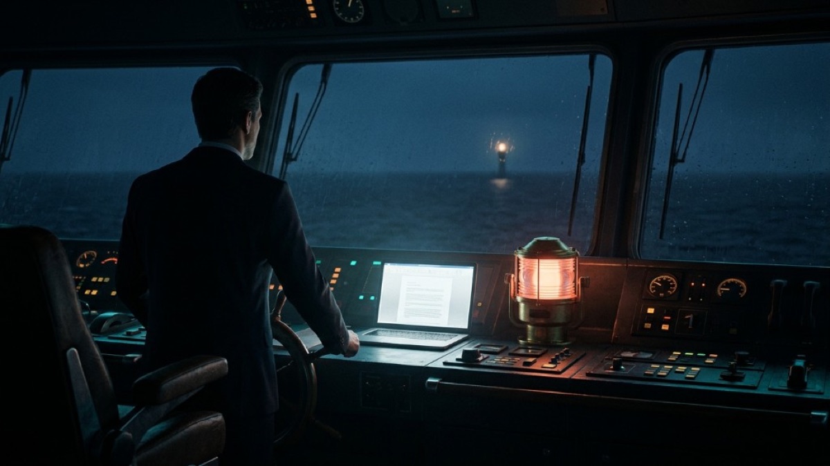 Night ship bridge: an operator at the helm, a glowing draft on the console, a warm lantern, and a lighthouse beam through rain