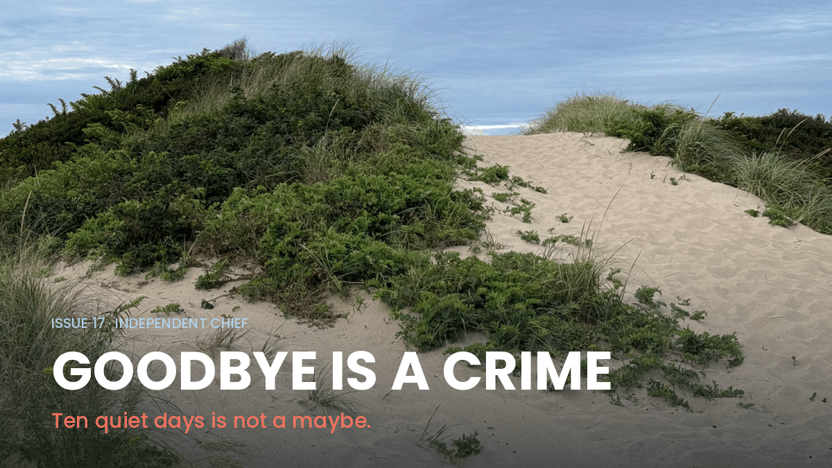 Issue 17 on a Nantucket dune path: Goodbye is a crime. Ten quiet days is not a maybe.