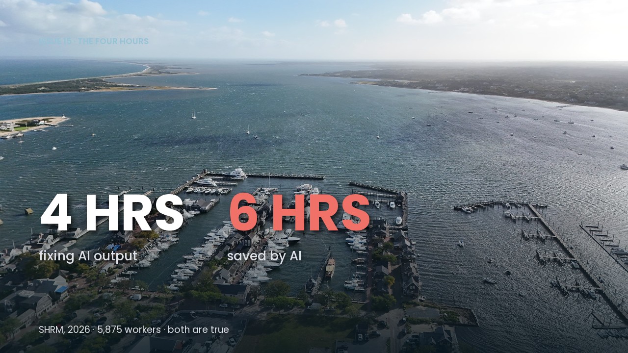 Issue 15 data: 4 hours a week spent fixing AI output, 6 hours a week saved by AI. Both are true. SHRM 2026.